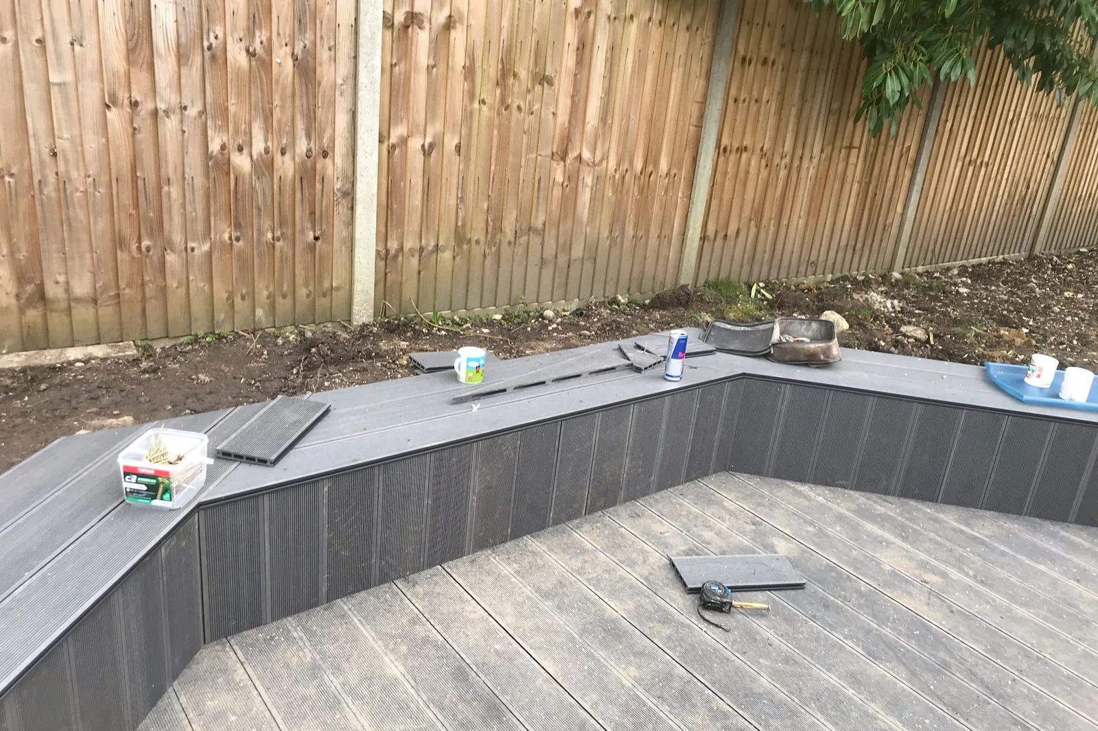 Bench edge framed and boarded round the deck, Farnham Royal, Slough, 2021