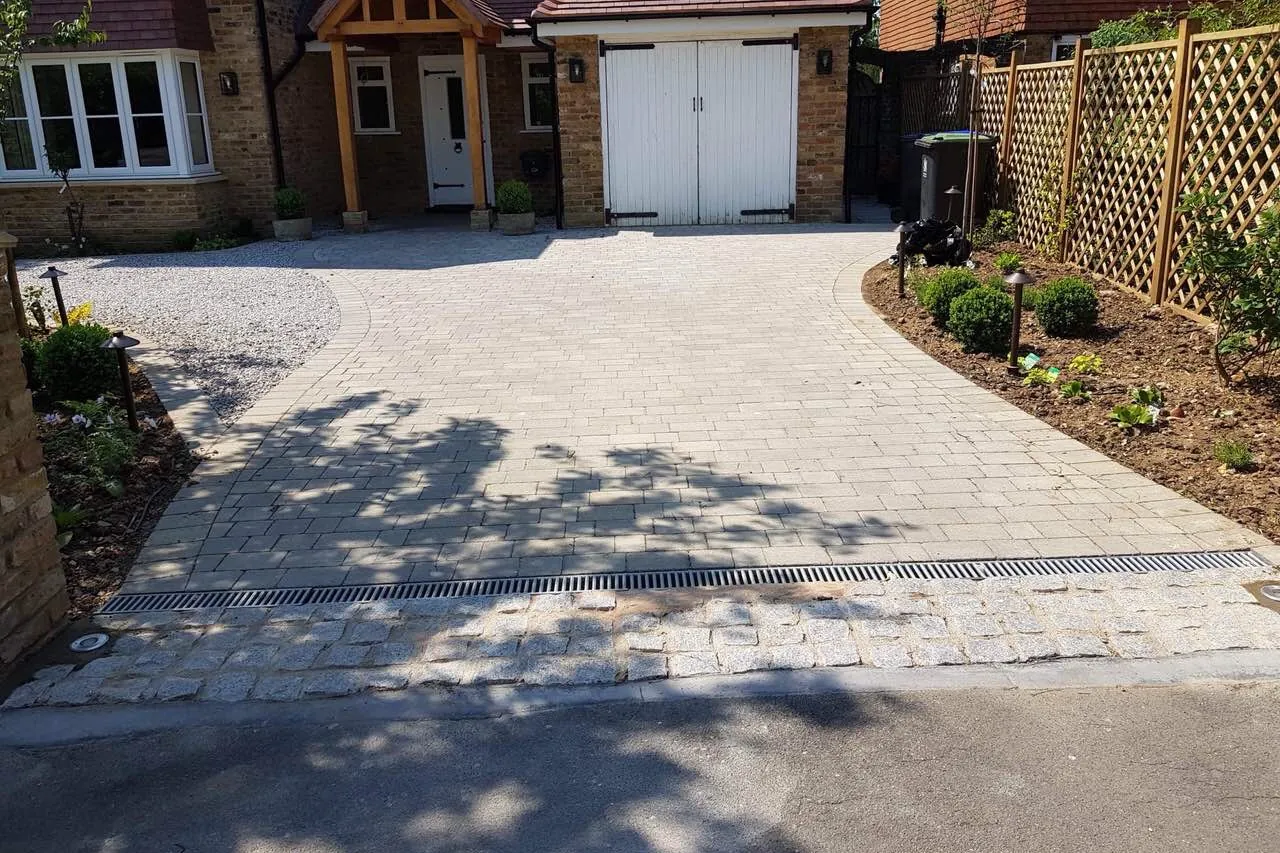 Block paving drive with a channel drain and trellis fencing, finished, Farnham Royal, Slough, 2018