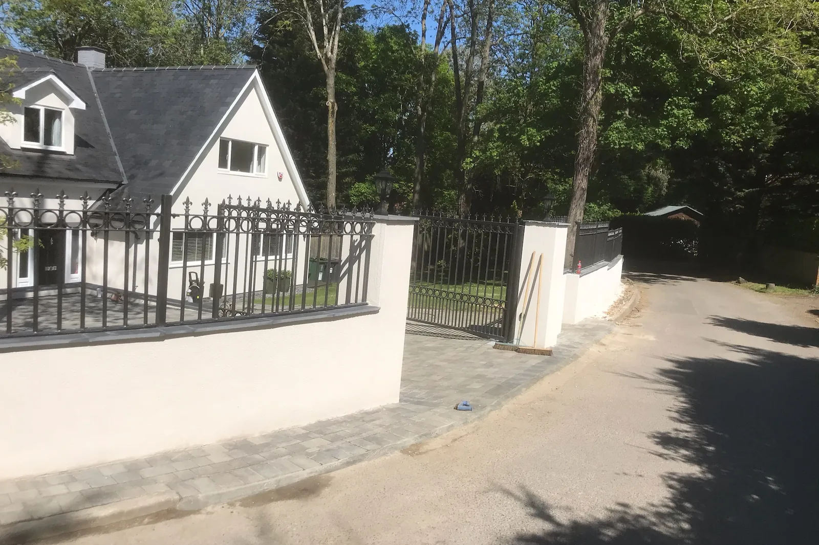 Block paving drive, rendered walls, railings and gates, finished, Windsor, 2020