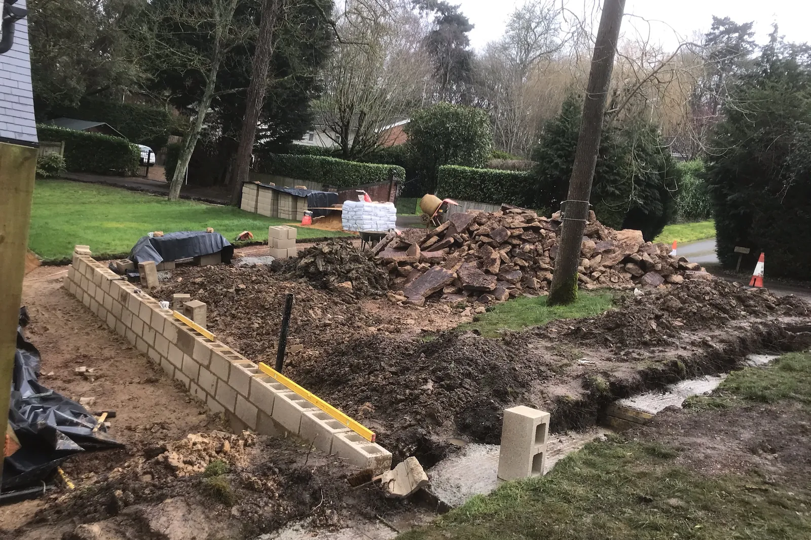 Groundworks: the old front dug out and footings in, Windsor, 2020