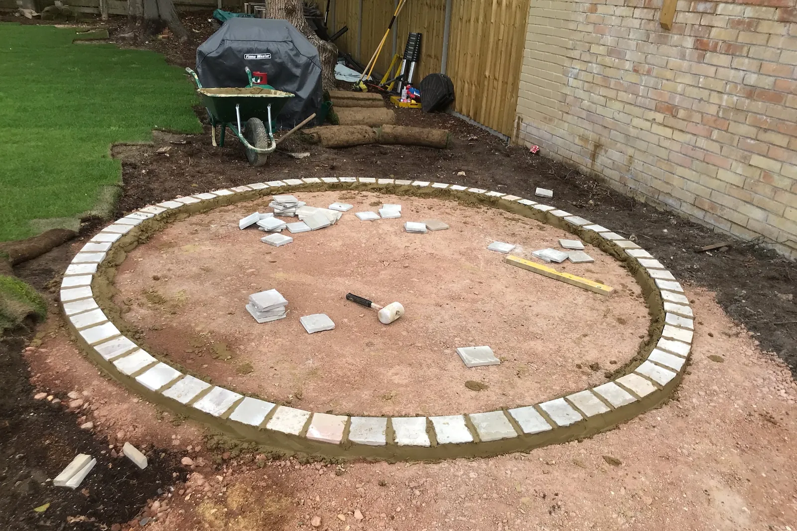 Bare ground with the setts circle set out, Farnham Royal, Slough, 2020
