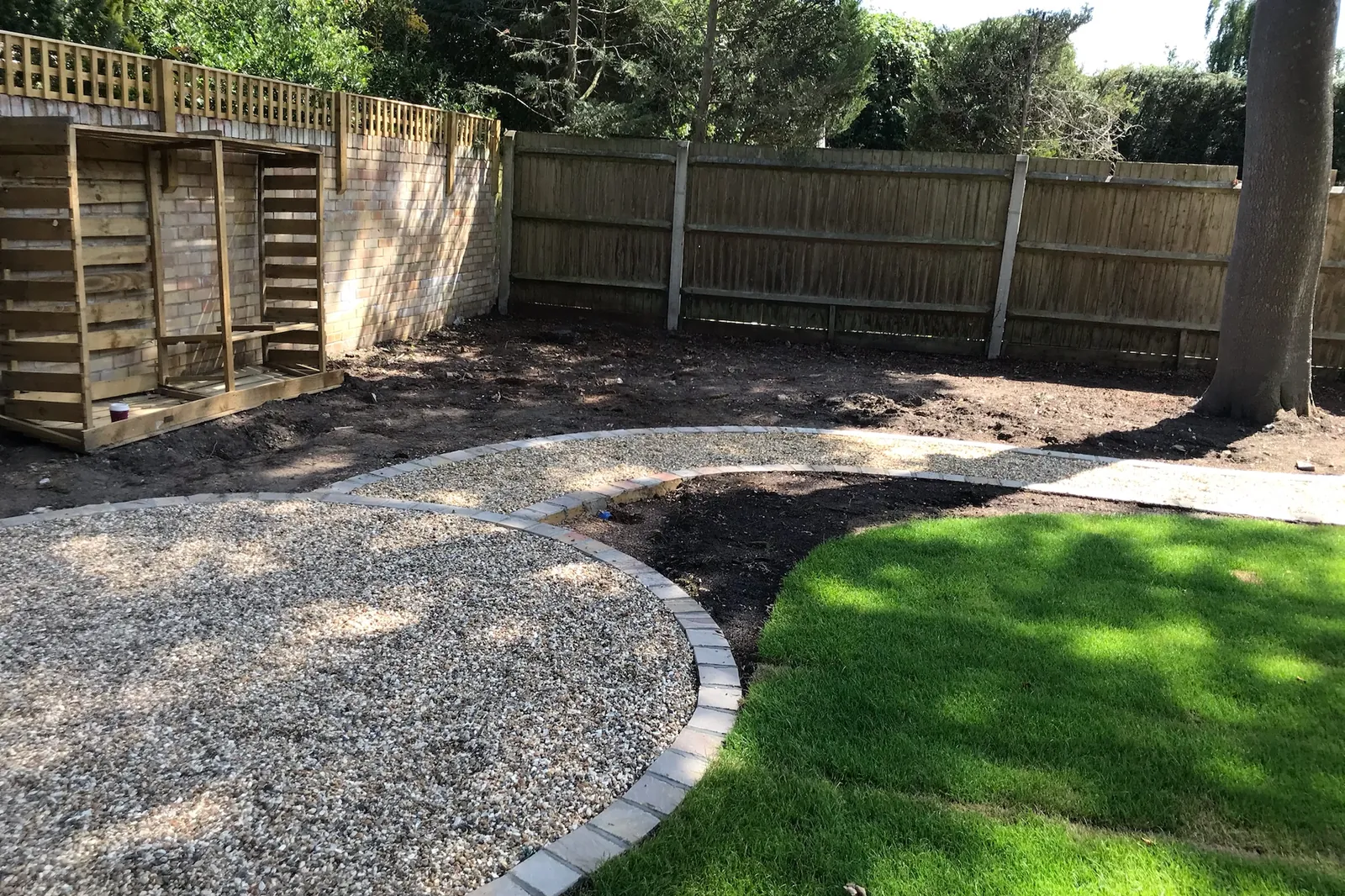Gravel circle and path finished beside the lawn, Farnham Royal, Slough, 2020
