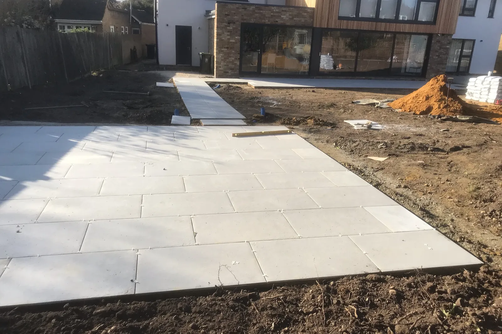 Porcelain patio and paths laid in a new-build garden, Farnham Royal, Slough, 2020