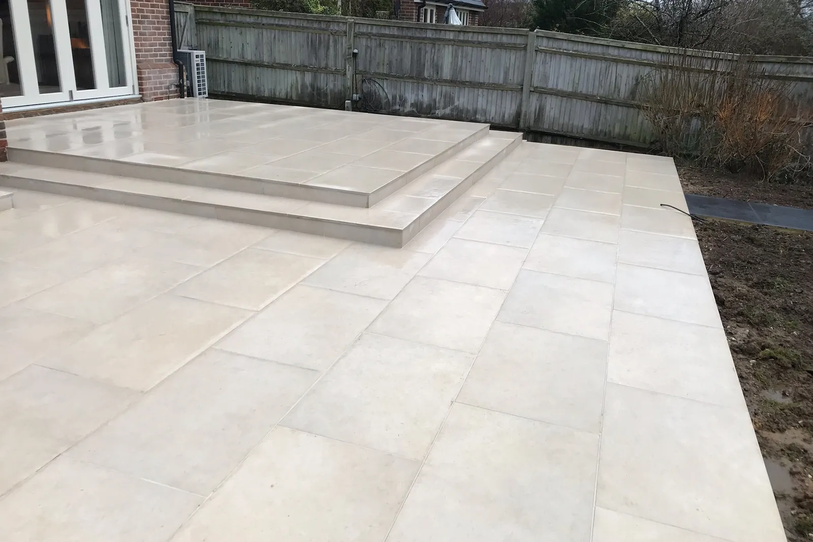 Finished porcelain patio and steps, pointed and clean, Marlow, 2021