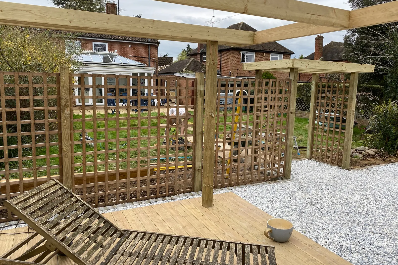 Timber pergola over a new deck with trellis screens, Earley, Reading, 2024