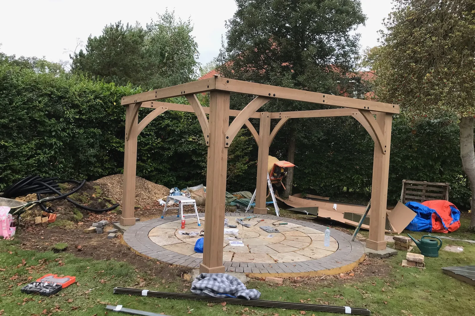 Timber frame bolted together over the base, Farnham Royal, Slough, 2021